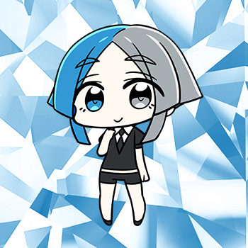 euclase (houseki no kuni), houseki no kuni, artist request, lowres, official art, 1other, black jacket, black necktie, black shorts, blue background, blue eyes, blue hair, chibi, chibi only, full body, gem uniform (houseki no kuni), grey eyes, grey hair, heterochromia, jacket, looking at viewer, mismatched pupils, multicolored hair, necktie, other focus, puffy short sleeves, puffy sleeves, short hair, short shorts, short sleeves, shorts, smile, two-tone hair
