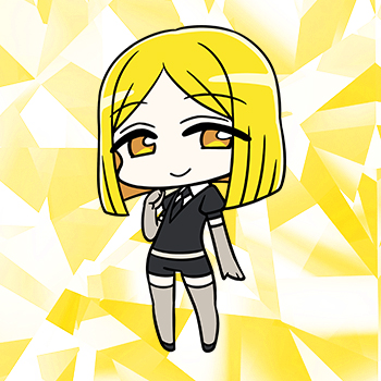 yellow diamond (houseki no kuni), houseki no kuni, artist request, lowres, official art, 1other, black jacket, black necktie, black shorts, blonde hair, chibi, chibi only, elbow gloves, full body, gem uniform (houseki no kuni), gloves, jacket, looking at viewer, medium hair, necktie, other focus, puffy short sleeves, puffy sleeves, short shorts, short sleeves, shorts, smile, thighhighs, yellow background, yellow eyes