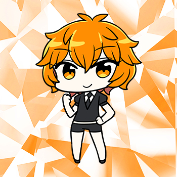 houseki no kuni, artist request, lowres, official art, 1other, antenna hair, black jacket, black necktie, black shorts, chibi, chibi only, full body, gem uniform (houseki no kuni), jacket, looking at viewer, messy hair, necktie, orange eyes, orange hair, other focus, puffy short sleeves, puffy sleeves, short hair, short shorts, short sleeves, shorts, zircon