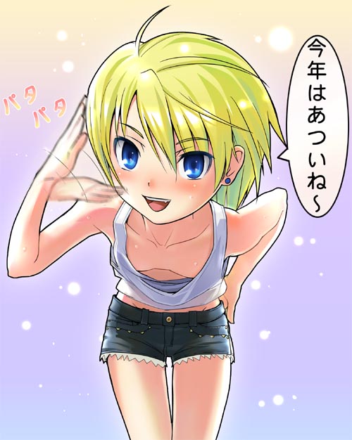momose hisashi, original, 1girl, bent over, blonde hair, breasts, cutoffs, denim, denim shorts, downblouse, extended downblouse, female focus, no bra, shorts, small breasts, solo, speech bubble, tank top, thigh gap, thighs, tomboy