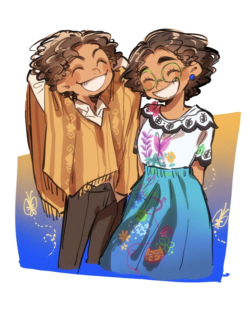 camilo madrigal, mirabel madrigal, encanto, 1boy, 1girl, brown hair, colombian clothes, curly hair, dark-skinned female, dark skin, earrings, glasses, green-framed eyewear, hourglass print, jewelry, miz esc, round eyewear, shirt, short hair, simple background, skirt, smile, solo, thick eyebrows