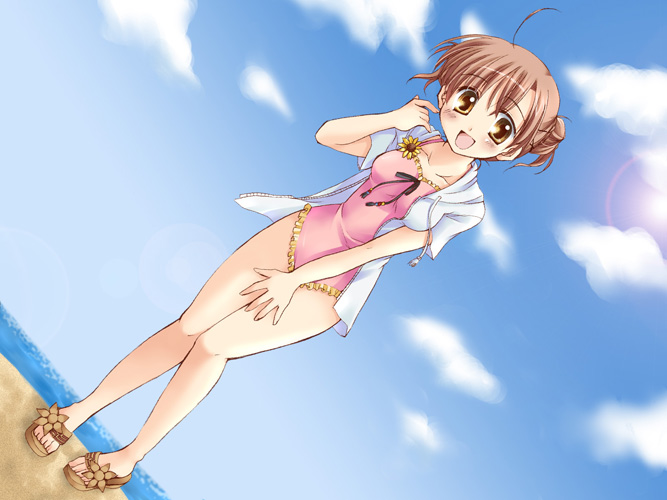 koyuki (2smj), koyuki (artist), original, 1girl, ahoge, beach, casual one-piece swimsuit, cloud, covering privates, day, dutch angle, female focus, flower, hair bun, lens flare, no pants, one-piece swimsuit, outdoors, sandals, side bun, single hair bun, sky, smile, solo, sun, sunflower, swimsuit, swimsuit under clothes, tareme, water