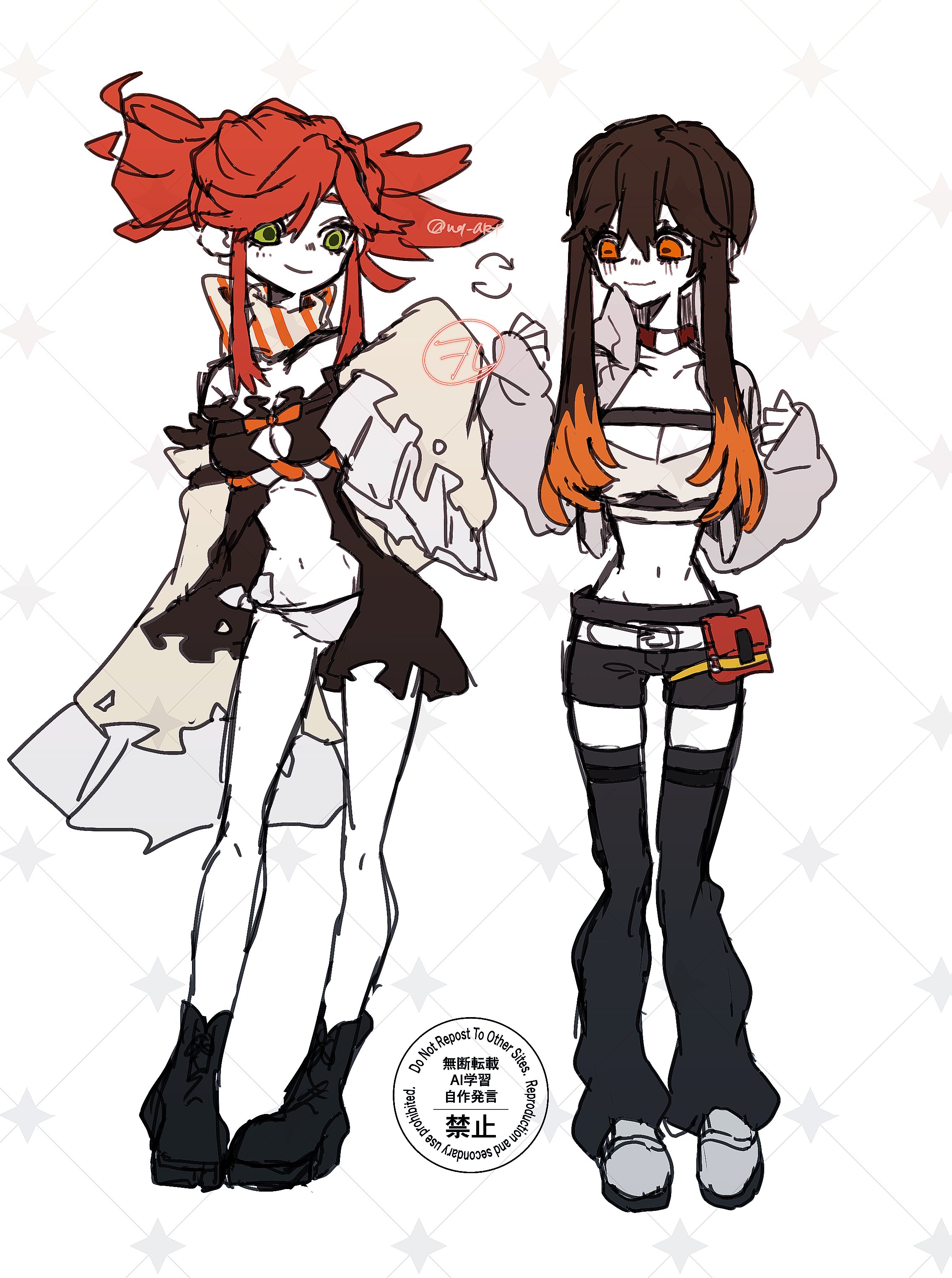 riyo reaper, gachiakuta, absurdres, highres, 2girls, amo empool, amo empool (cosplay), black boots, black dress, black leg warmers, boots, brown hair, closed mouth, cosplay, costume switch, detached sleeves, dress, full body, grey jacket, jacket, leg warmers, multiple girls, orange eyes, orange hair, panties, pants, red hair, riyo reaper (cosplay), scarf, shirt, short hair with long locks, sidelocks, smile, underwear, white panties, white pants, white shirt, white sleeves, wol akt