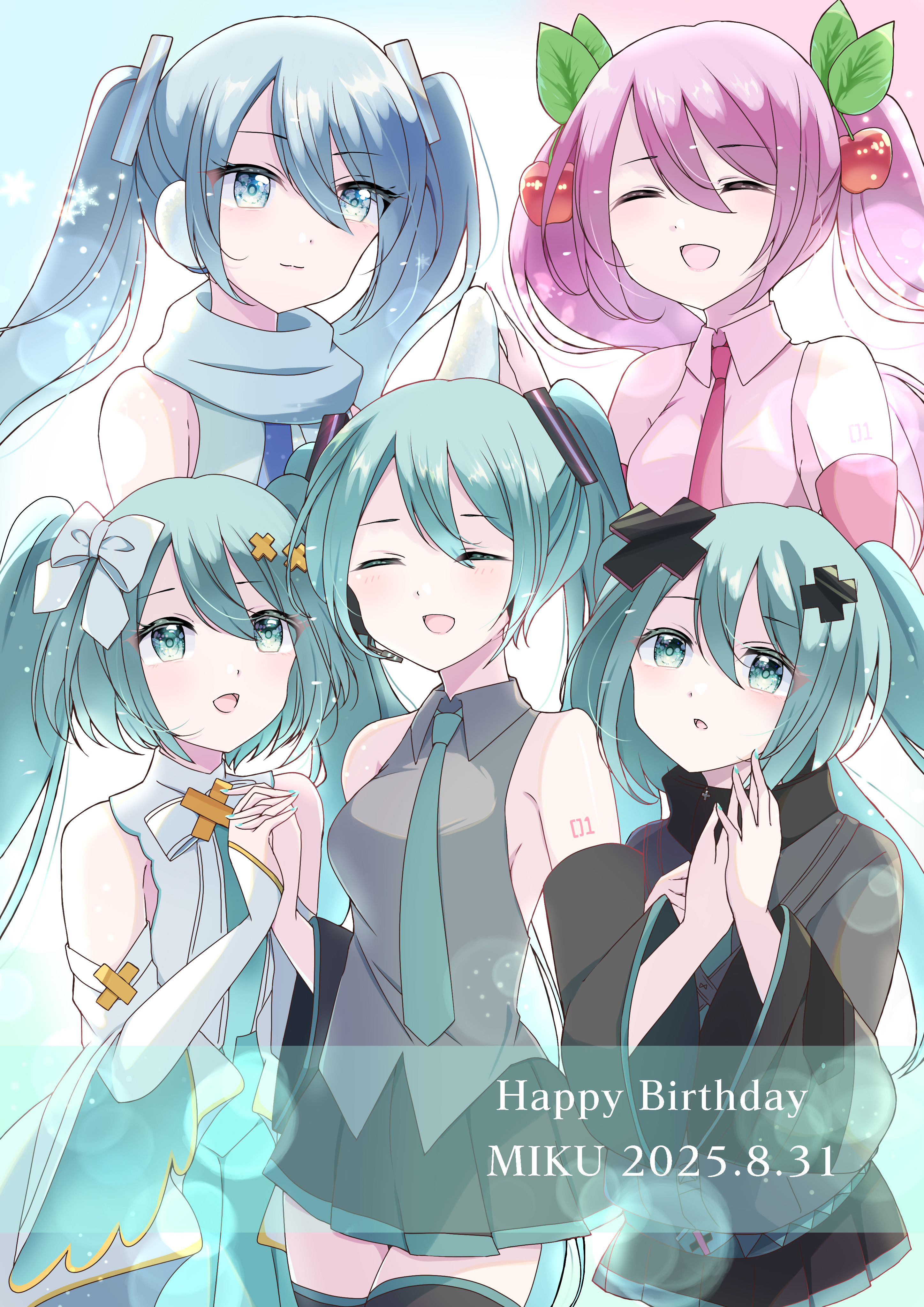 siquartz22, batsu miku, hatsune miku, hiramado miku, sakura miku, yuki miku, yuki miku (2011), kowareta sekai to utaenai miku, project sekai, vocaloid, absurdres, highres, 5girls, aqua eyes, aqua hair, aqua nails, aqua necktie, aqua trim, arm tattoo, blush, bow, breasts, character name, cherry hair ornament, closed eyes, closed mouth, collared shirt, detached sleeves, dress, food-themed hair ornament, grey jacket, grey shirt, hair between eyes, hair bow, hair ornament, happy birthday, headset, jacket, long sleeves, looking at another, looking at viewer, medium breasts, miniskirt, multiple girls, multiple persona, necktie, number tattoo, official alternate costume, official alternate hairstyle, open mouth, pink hair, pink necktie, pink shirt, pleated skirt, scarf, shirt, skirt, sleeveless, sleeveless dress, sleeveless shirt, smile, tattoo, thighhighs, turtleneck, turtleneck jacket, white bow, white dress, white scarf, wide sleeves, x hair ornament, zettai ryouiki