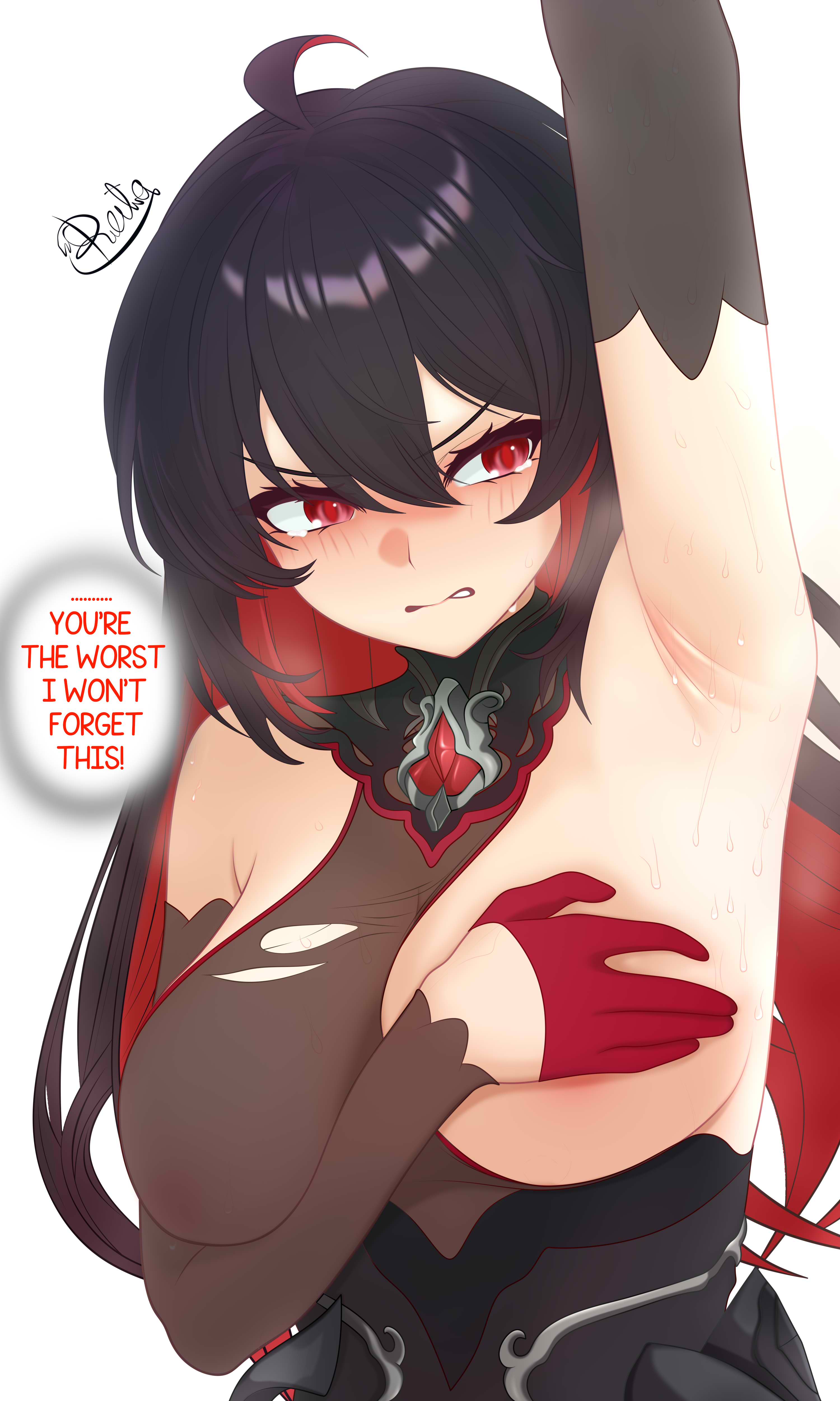 reila nii, seele (alter ego), seele vollerei, honkai (series), honkai impact 3rd, absurdres, highres, angry, armpit crease, armpits, blush, breasts, brooch, choker, covered erect nipples, covering nipples, covering one breast, covering one nipple, covering privates, detached sleeves, embarrassed, english text, gloves, half gloves, jewelry, large breasts, long hair, multicolored hair, one breast out, presenting armpit, red eyes, signature, simple background, speech bubble, sweat, tears, torn, torn clothes, two-tone hair, white background