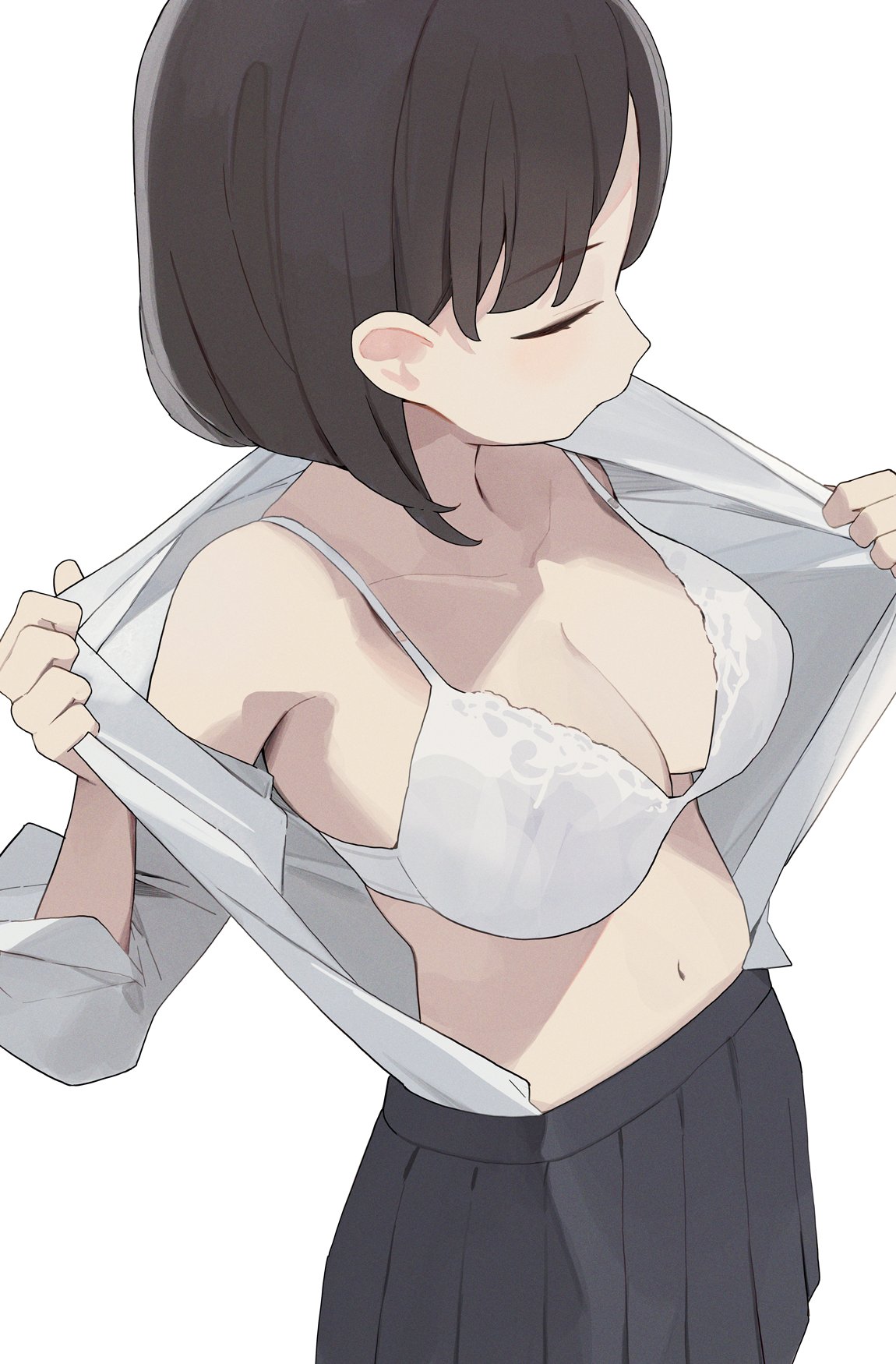 hiroki (yyqw7151), original, highres, 1girl, black hair, black skirt, bra, breasts, cleavage, closed mouth, collarbone, large breasts, navel, open clothes, open shirt, pleated skirt, short hair, skirt, solo, underwear, white bra