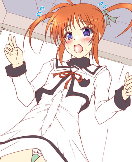 uminchu, takamachi nanoha, yuuno scrya, lyrical nanoha, mahou shoujo lyrical nanoha, 00s, 1girl, :d, animal, blue eyes, blush, female focus, ferret, indoors, open mouth, panties, pantyshot, red hair, school uniform, smile, solo, thigh gap, underwear