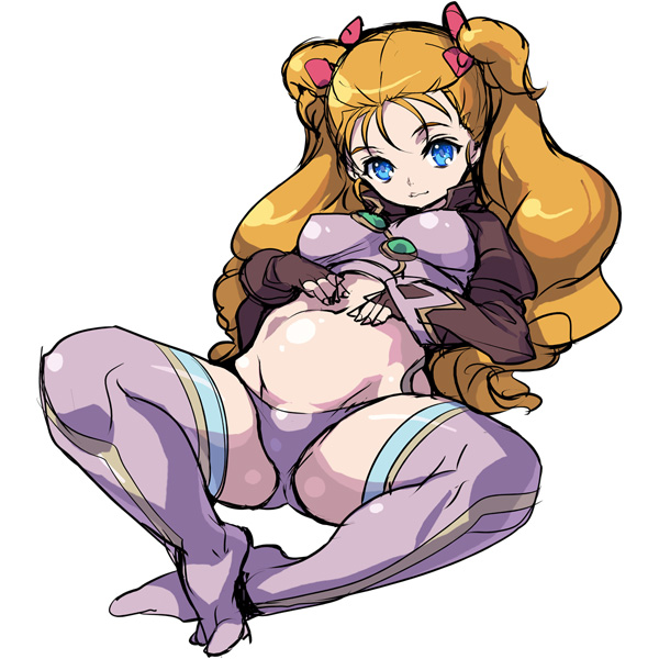 akaga hirotaka, floe (simoun), simoun, 00s, 1girl, blonde hair, blue eyes, breasts, clothes lift, female focus, fingerless gloves, gloves, hair ribbon, large breasts, long hair, lying, midriff, on back, orange hair, panties, plump, purple panties, purple thighhighs, ribbon, shirt lift, short twintails, smile, solo, spread legs, thighhighs, twintails, underwear, zettai ryouiki