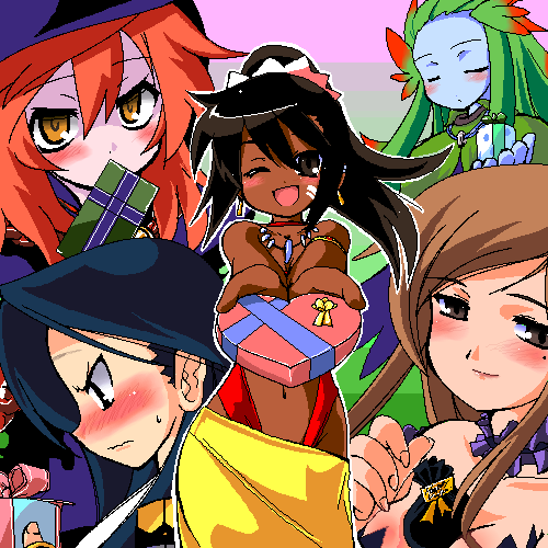 curse maker, kupala (sekaiju), ren (sekaiju), sakuya (sekaiju), shilleka, tlachtga, atlus, etrian odyssey, lowres, 5girls, armlet, black eyes, black hair, blue skin, blush, brown hair, choker, colored skin, cosplay, curse maker (cosplay), dark-skinned female, dark skin, facial mark, gift, green hair, grey eyes, heart, jewelry, long hair, mole, mole under eye, multicolored hair, multiple girls, necklace, oekaki, one eye closed, ponytail, red hair, skirt, smile, two-tone hair, valentine, wink, yellow eyes