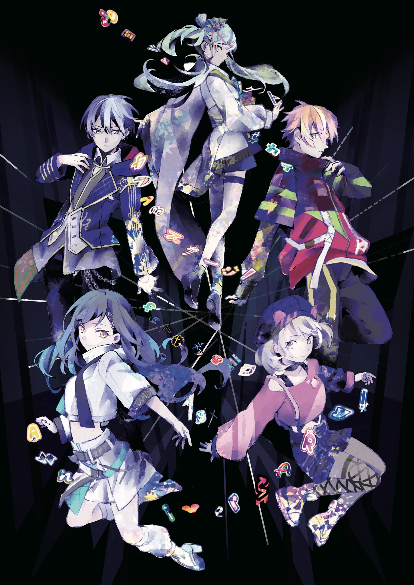 hinomori (mngr68), aoyagi touya, azusawa kohane, hatsune miku, shinonome akito, shiraishi an, vivid bad squad miku, project sekai, highres, 2boys, 3girls, black hair, blonde hair, blue hair, closed mouth, jacket, long hair, long sleeves, looking at viewer, multicolored hair, multiple boys, multiple girls, orange hair, shirt, short hair, split-color hair, twintails, two-tone hair, vivid bad squad (project sekai)