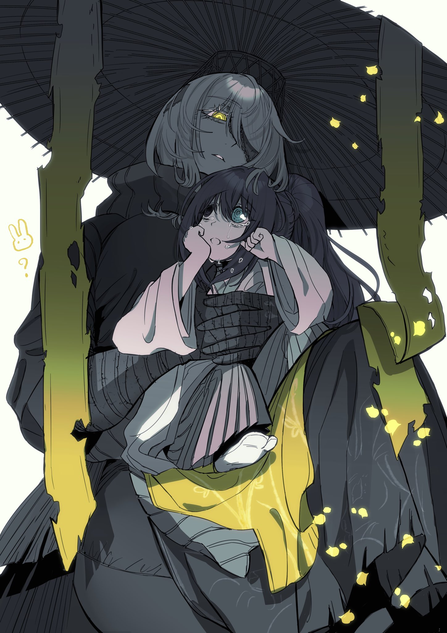 uibou00000, faust (project moon), hong lu (project moon), limbus company, project moon, highres, 1boy, 1girl, :o, aged down, bandage over one eye, black eyes, black hair, black hanfu, blue eyes, chinese clothes, conical hat, crying, crying with eyes open, grey scarf, hand wraps, hanfu, heishou pack-mao branch (identity) (project moon), heterochromia, long hair, looking at another, open mouth, ponytail, ribbon, scarf, simple background, tears, upper body, white background, white hair, white hanfu, yellow eyes, yellow ribbon
