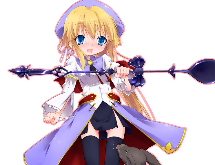 kuroba u, arthur matsuda, prima aspallas, nanatsuiro drops, 00s, 1girl, blonde hair, blue eyes, blush, dog, dress, female focus, hat, ribbon, solo, staff, thighhighs, zettai ryouiki