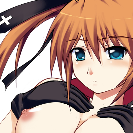 kuronezumi, teana lanster, lyrical nanoha, mahou shoujo lyrical nanoha, mahou shoujo lyrical nanoha strikers, lowres, 00s, 1girl, black gloves, blue eyes, breast suppress, breasts, female focus, gloves, large breasts, nipples, simple background, solo, upper body, white background