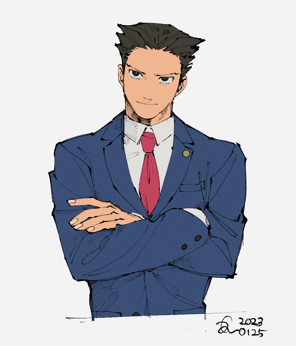 erm nkcn, phoenix wright, ace attorney, highres, 1boy, black hair, blue jacket, bright pupils, closed mouth, collared shirt, cropped torso, crossed arms, fingernails, jacket, long sleeves, male focus, necktie, red necktie, shirt, short hair, simple background, smile, solo, upper body, white pupils