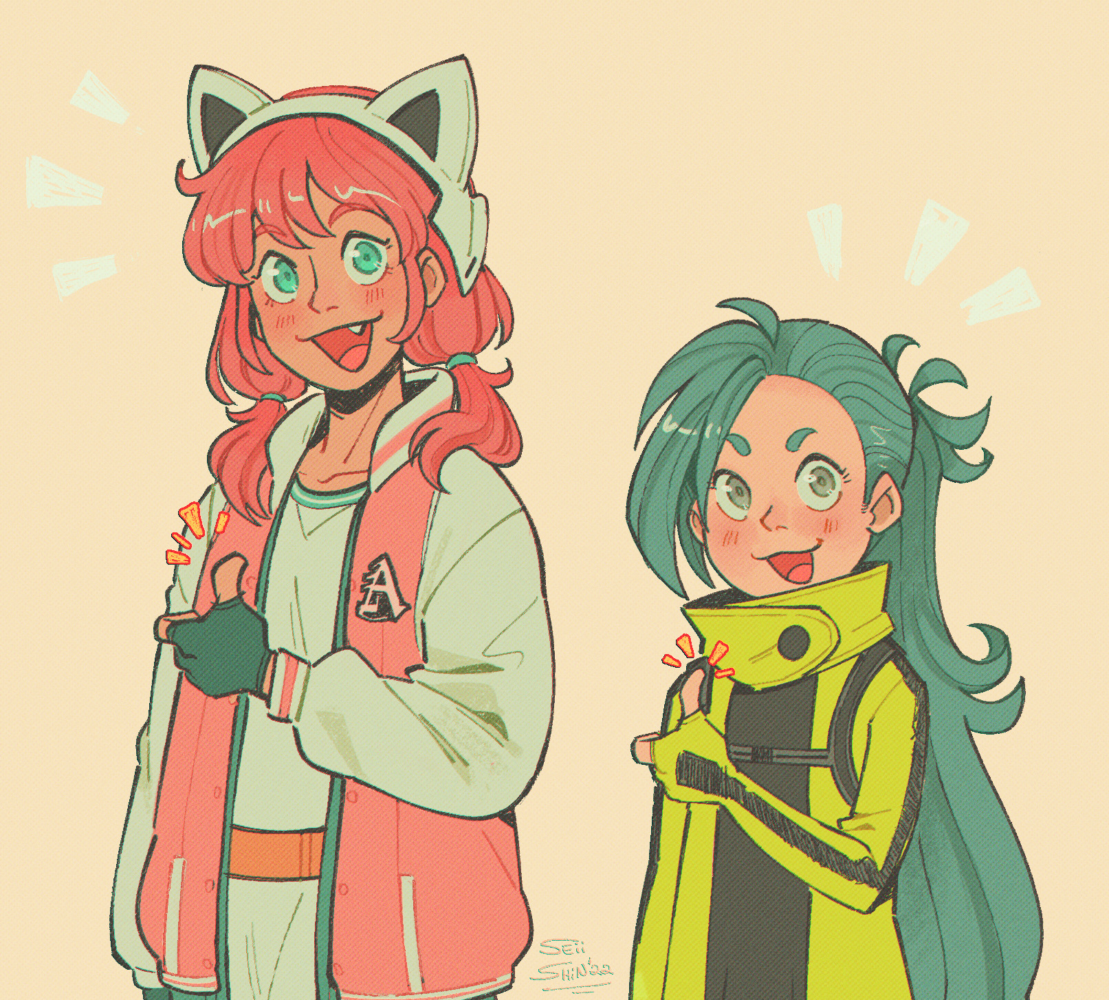 seiishin, okiura mizuki, sagan iris, ai the somnium files, commentary, english commentary, highres, 2girls, :3, animal ear hairband, animal ears, aqua eyes, aqua hair, blush, cat ear hairband, cat ears, eyelashes, fake animal ears, fang, fingerless gloves, gloves, green eyes, green gloves, hairband, height difference, jacket, letterman jacket, long hair, long sleeves, medium hair, multiple girls, notice lines, open clothes, open jacket, open mouth, pink hair, pink jacket, simple background, smile, thumbs up, twintails, upper body