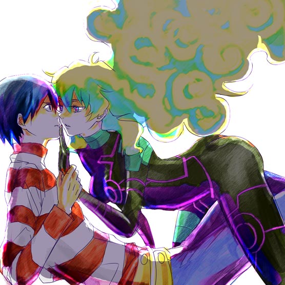 antispiral nia, nia teppelin, simon (ttgl), tengen toppa gurren lagann, arm grab, 00s, 1boy, 1girl, ass, black bodysuit, blonde hair, blue eyes, blue hair, bodysuit, breasts, couple, dark persona, denim, eye contact, glowing, hand on another's face, hetero, jeans, jewelry, leaning, leaning forward, long hair, looking at another, multicolored hair, neon trim, pants, ring, shirt, skin tight, striped clothes, striped shirt, symbol-shaped pupils, teeth, two-tone hair, very long hair