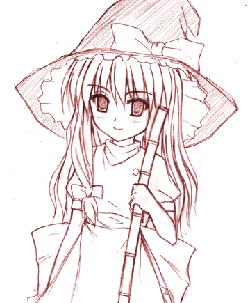 yaoyorozu-kobo, kirisame marisa, touhou, lowres, 1girl, female focus, hat, monochrome, pink theme, sketch, solo, witch hat