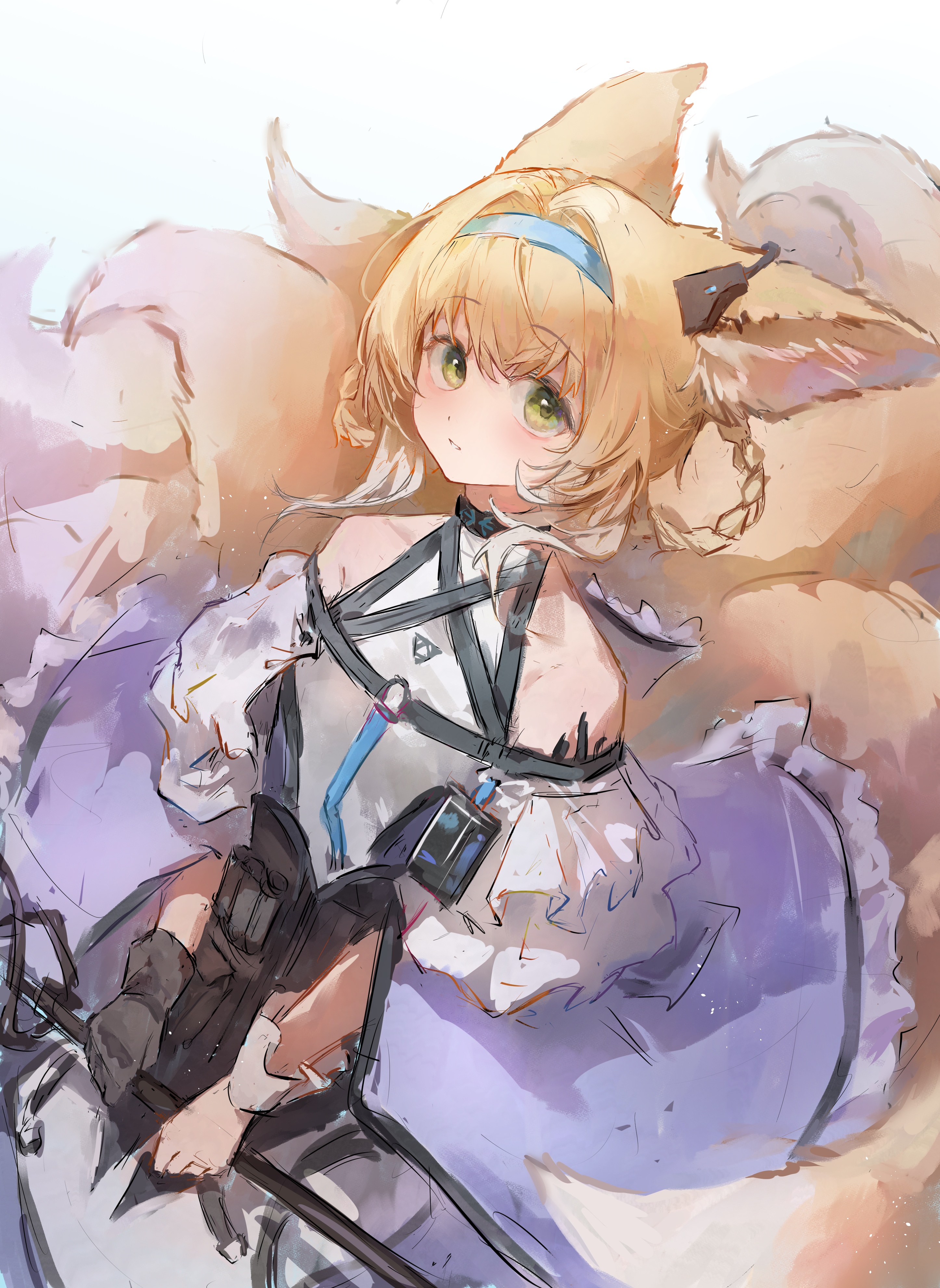 mumu millhayes, suzuran (arknights), arknights, absurdres, highres, 1girl, animal ears, bare shoulders, black gloves, blonde hair, blue hairband, fox ears, fox girl, fox tail, gloves, green eyes, hairband, holding, looking at viewer, solo, tail