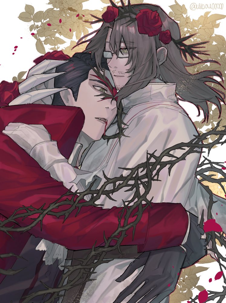 uibou00000, gregor (project moon), meursault (project moon), limbus company, project moon, 2boys, black gloves, black hair, blood, blood from mouth, brown hair, coat, e.g.o (project moon), fangs, flower, garden of thorns (e.g.o), glasses, gloves, green eyes, head wreath, hug, looking at another, male focus, medium hair, multiple boys, multiple girls, plant, red coat, red flower, red rose, rose, shirt, short hair, simple background, thorns, upper body, vines, white background, white coat, white gloves, white shirt, yearning-mircalla (e.g.o)