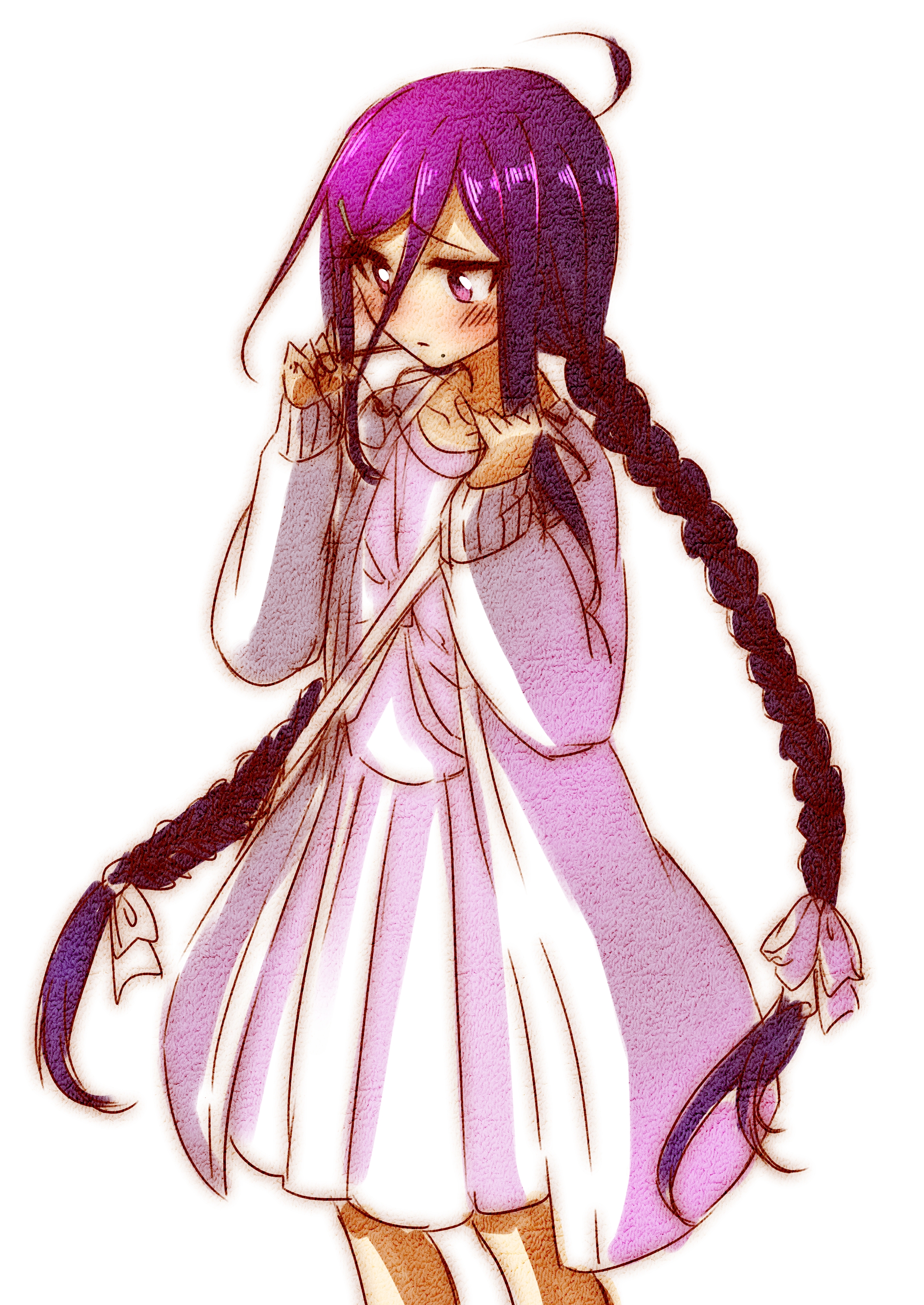 morihaw, fukawa toko, danganronpa (series), danganronpa another episode: ultra despair girls, absurdres, commentary request, highres, 1girl, ahoge, alternate costume, blush, braid, closed mouth, cowboy shot, dress, eyelashes, glasses, hair ornament, hair ribbon, hairclip, holding, holding removed eyewear, jacket, long hair, long sleeves, mole, mole under mouth, open clothes, open jacket, purple dress, ribbon, round eyewear, simple background, solo, twin braids, twintails, unworn eyewear, very long hair, white background