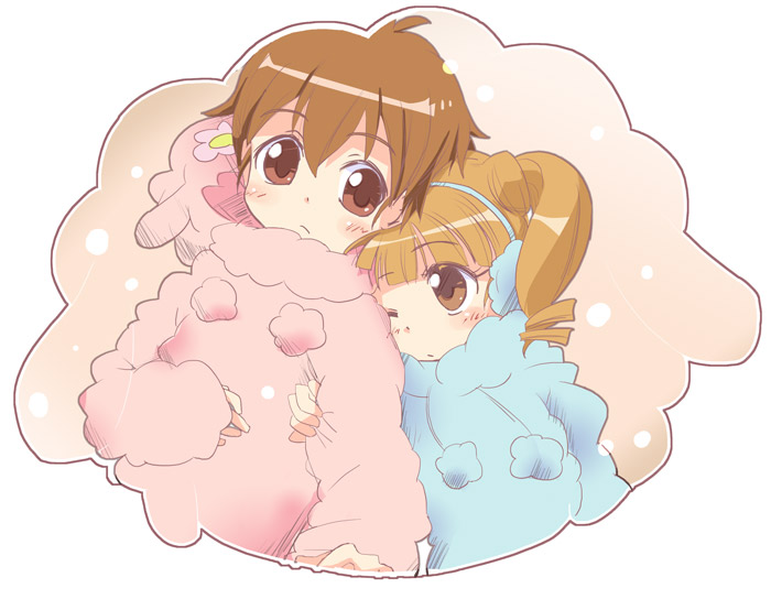 ixy, kogure kakeru, yumeno uta, onegai my melody, sanrio, 00s, 1boy, 1girl, blonde hair, blunt bangs, blush, brown eyes, brown hair, costume, couple, dreaming, height difference, hetero, hood, hood down, side ponytail, tareme
