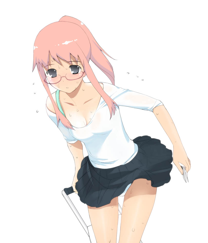 a1 (initial-g), bag, blouse, glasses, green eyes, panties, pink hair, ponytail, shirt, simple background, skirt, solo, sweat, thighs, underwear, upskirt, white background, white shirt
