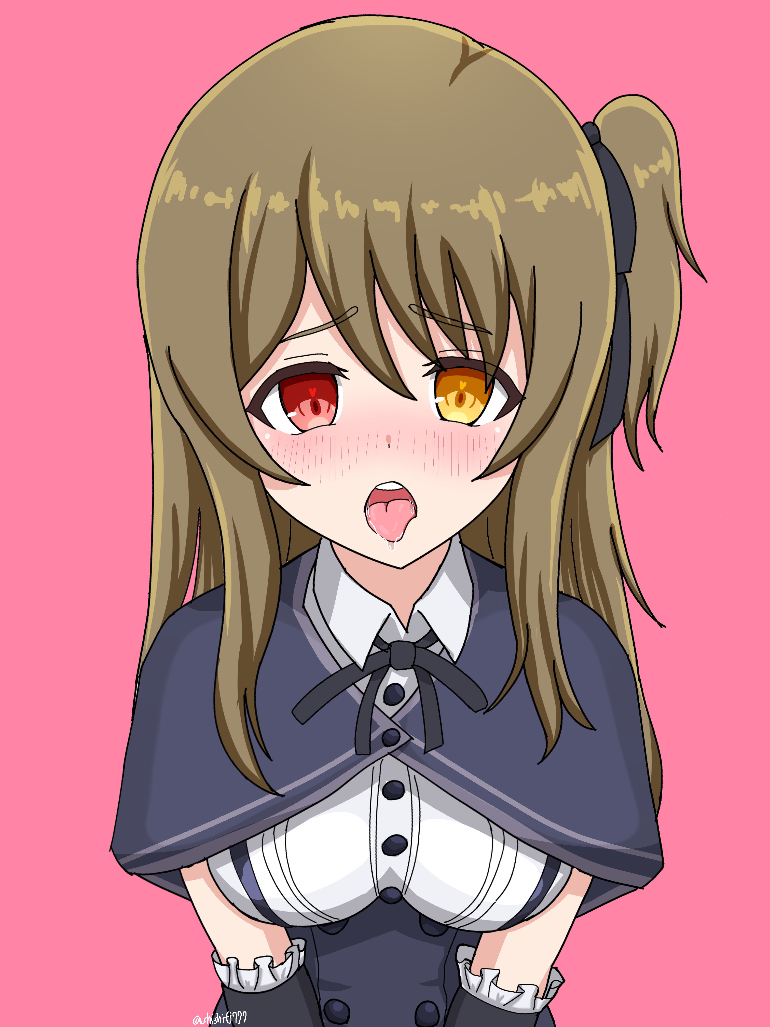 seimen shishifuji, kuo shenlin, assault lily, absurdres, commentary, highres, 1girl, black capelet, black ribbon, black skirt, blush, breasts, brown hair, buttons, capelet, collared shirt, detached sleeves, frilled sleeves, frills, hair between eyes, hair ribbon, heart, heart in eye, heterochromia, high-waist skirt, long hair, medium breasts, neck ribbon, nose blush, one-piece swimsuit, open mouth, pink background, raised eyebrows, red eyes, ribbon, saliva, school uniform, shirt, simple background, skirt, solo, suspender skirt, suspenders, swimsuit, symbol in eye, teeth, tongue, tongue out, twitter username, upper body, upper teeth only, v arms, white shirt, yellow eyes, yurigaoka girls academy school uniform