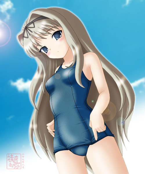 neopure, kusugawa sasara, to heart (series), to heart 2, third-party edit, 00s, lens flare, one-piece swimsuit, school swimsuit, solo, swimsuit