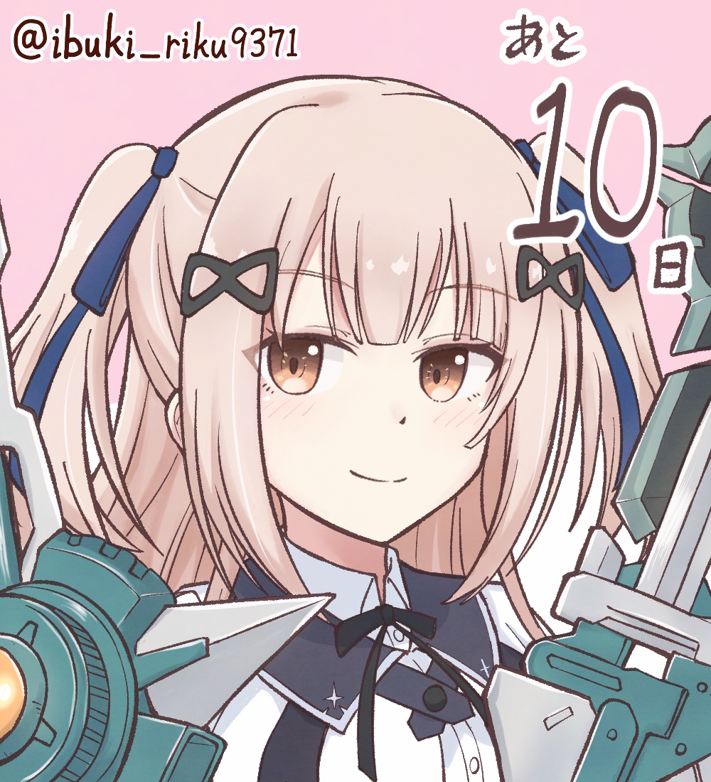 ibuki riku, assault lily, commentary request, translated, 1girl, black ribbon, blue ribbon, blunt bangs, blush, brown eyes, brown hair, closed mouth, collared shirt, countdown, dual wielding, hair ribbon, holding, jacket, long hair, looking at viewer, neck ribbon, open clothes, open jacket, pink background, portrait, ribbon, school uniform, shirt, smile, solo, tada shiera, twitter username, two-tone background, two side up, weapon, white background, white jacket, white shirt, yurigaoka girls academy school uniform