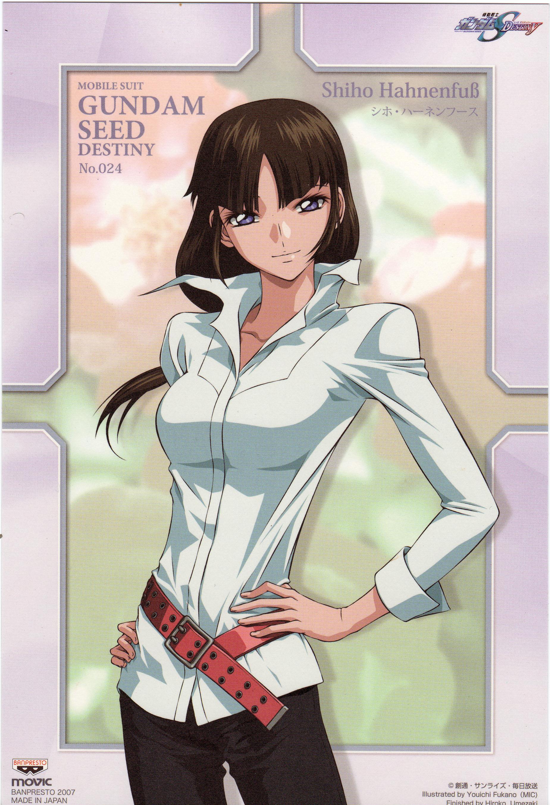 fukano youichi, shiho hahnenfuss, banpresto, gundam, gundam seed, gundam seed destiny, absurdres, highres, official art, 00s, 1girl, belt, brown hair, female focus, long hair, purple eyes, solo
