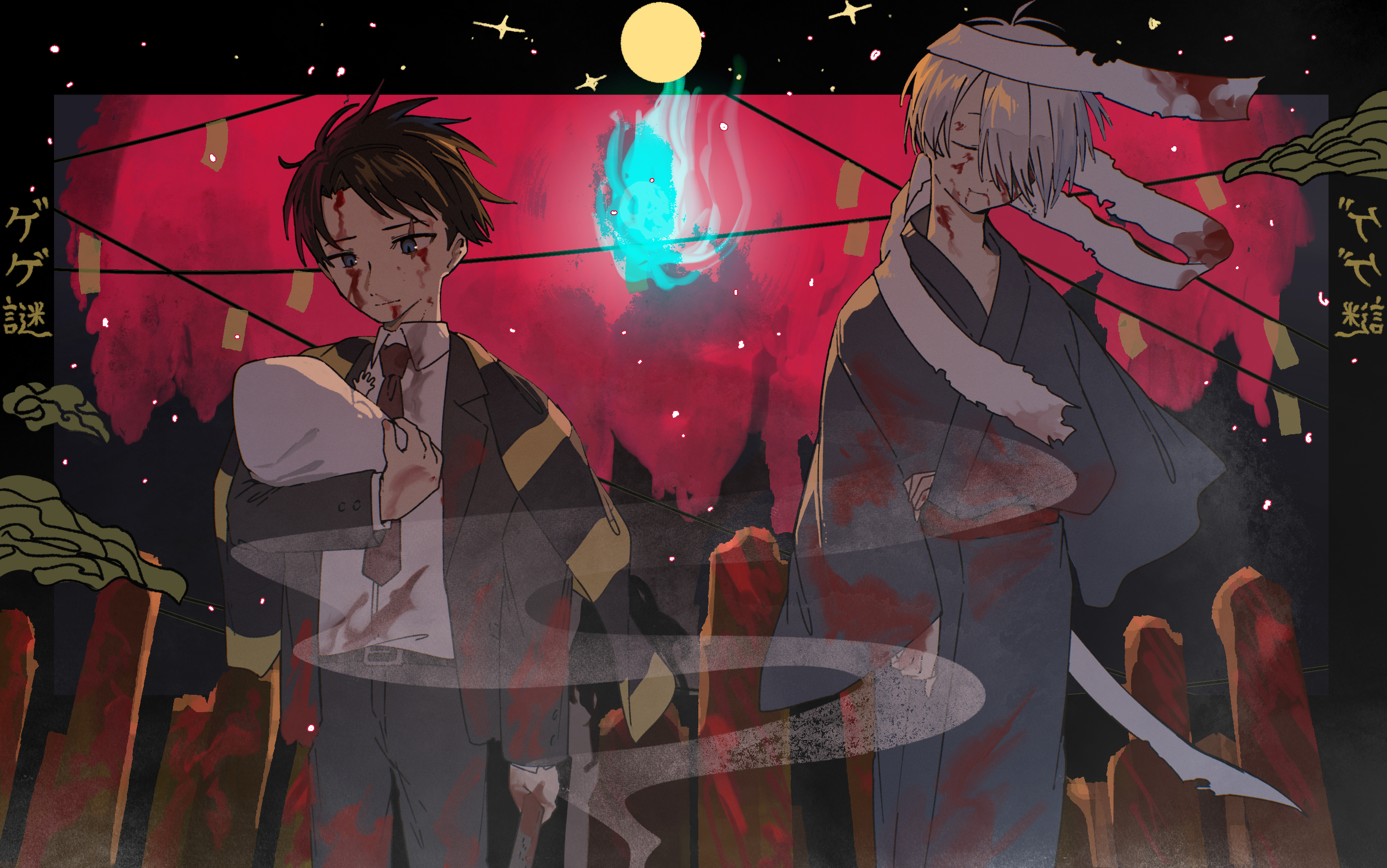 igurumi 00128, medama oyaji (human), mizuki (gegege no kitarou), gegege no kitarou, kitarou tanjou: gegege no nazo, highres, translation request, 2boys, black jacket, black pants, blood, blood on face, blue eyes, full moon, grey kimono, hair over one eye, hitodama, jacket, japanese clothes, kimono, moon, multiple boys, necktie, pants, red necktie, smoke