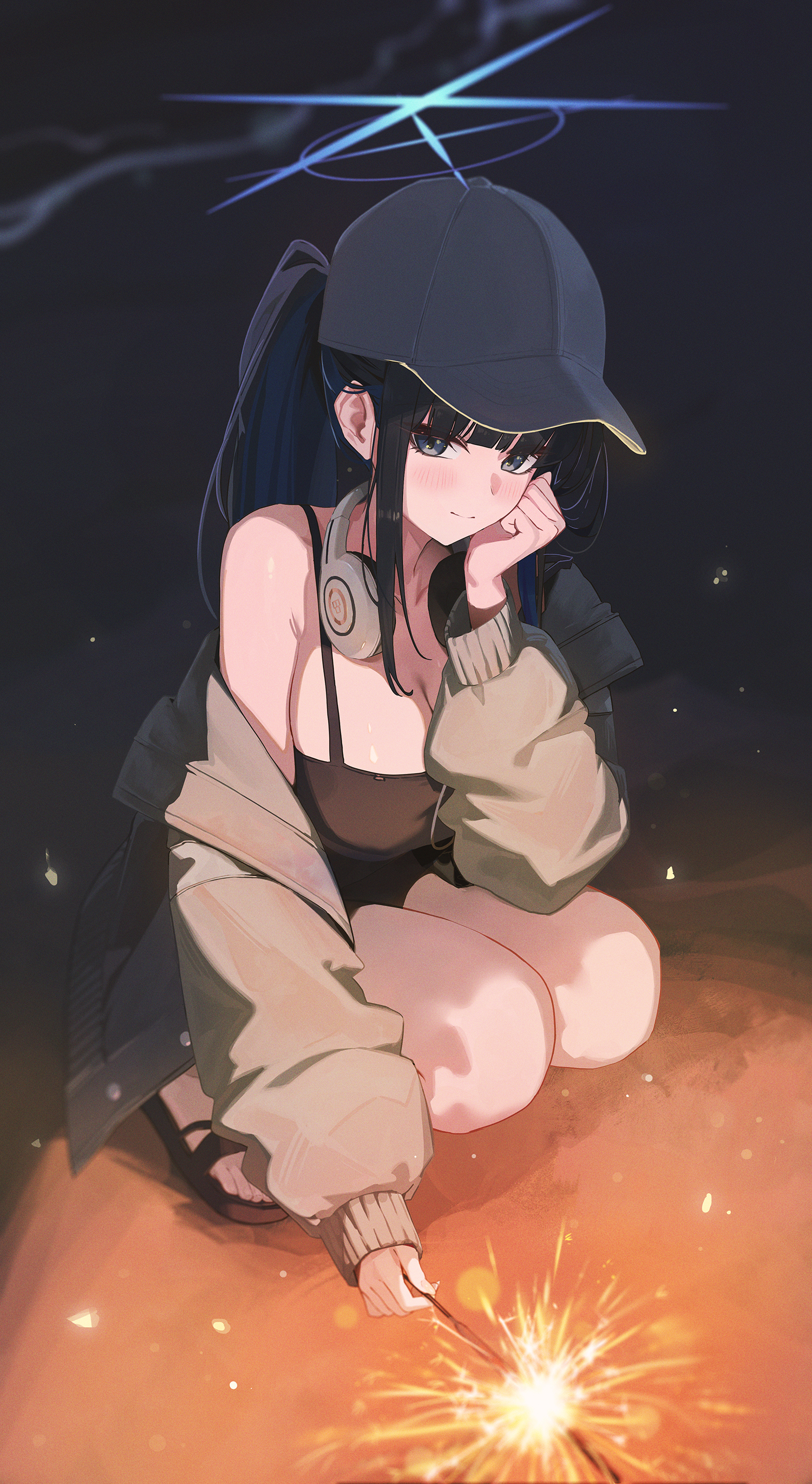 fieryonion, saori (blue archive), saori (swimsuit) (blue archive), blue archive, absurdres, highres, 1girl, adapted costume, bare shoulders, black camisole, black hair, black hat, blue eyes, blue halo, blurry, blush, bokeh, breasts, brown jacket, camisole, cleavage, closed mouth, colored inner hair, cross halo, denim, depth of field, halo, hat, headphones, headphones around neck, holding, holding fireworks, jacket, large breasts, long hair, long sleeves, looking at viewer, multicolored hair, official alternate costume, official alternate hairstyle, ponytail, puffy long sleeves, puffy sleeves, short shorts, shorts, smile, solo, squatting
