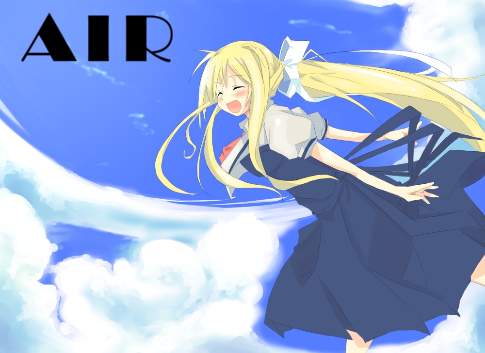 kanikama, kamio misuzu, air (visual novel), 00s, 1girl, :d, ^ ^, blonde hair, blue dress, blue sky, blush, closed eyes, cloud, copyright name, day, dress, female focus, long hair, open mouth, outstretched arms, ponytail, puffy short sleeves, puffy sleeves, short sleeves, sky, smile, solo, very long hair
