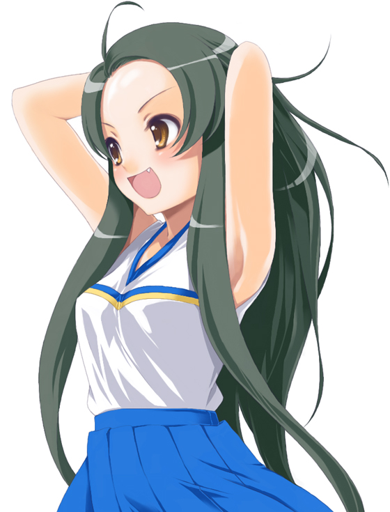 maskman, tsuruya, suzumiya haruhi no yuuutsu, 00s, 1girl, ahoge, armpits, arms up, blush, fang, female focus, green hair, long hair, skirt, solo, tank top, very long hair, yellow eyes