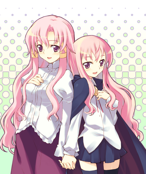 inato serere, cattleya yvette la baume le blanc de la fontaine, louise francoise le blanc de la valliere, zero no tsukaima, 00s, back-to-back, cape, holding hands, long hair, pink eyes, pink hair, siblings, sisters, thighhighs, zettai ryouiki