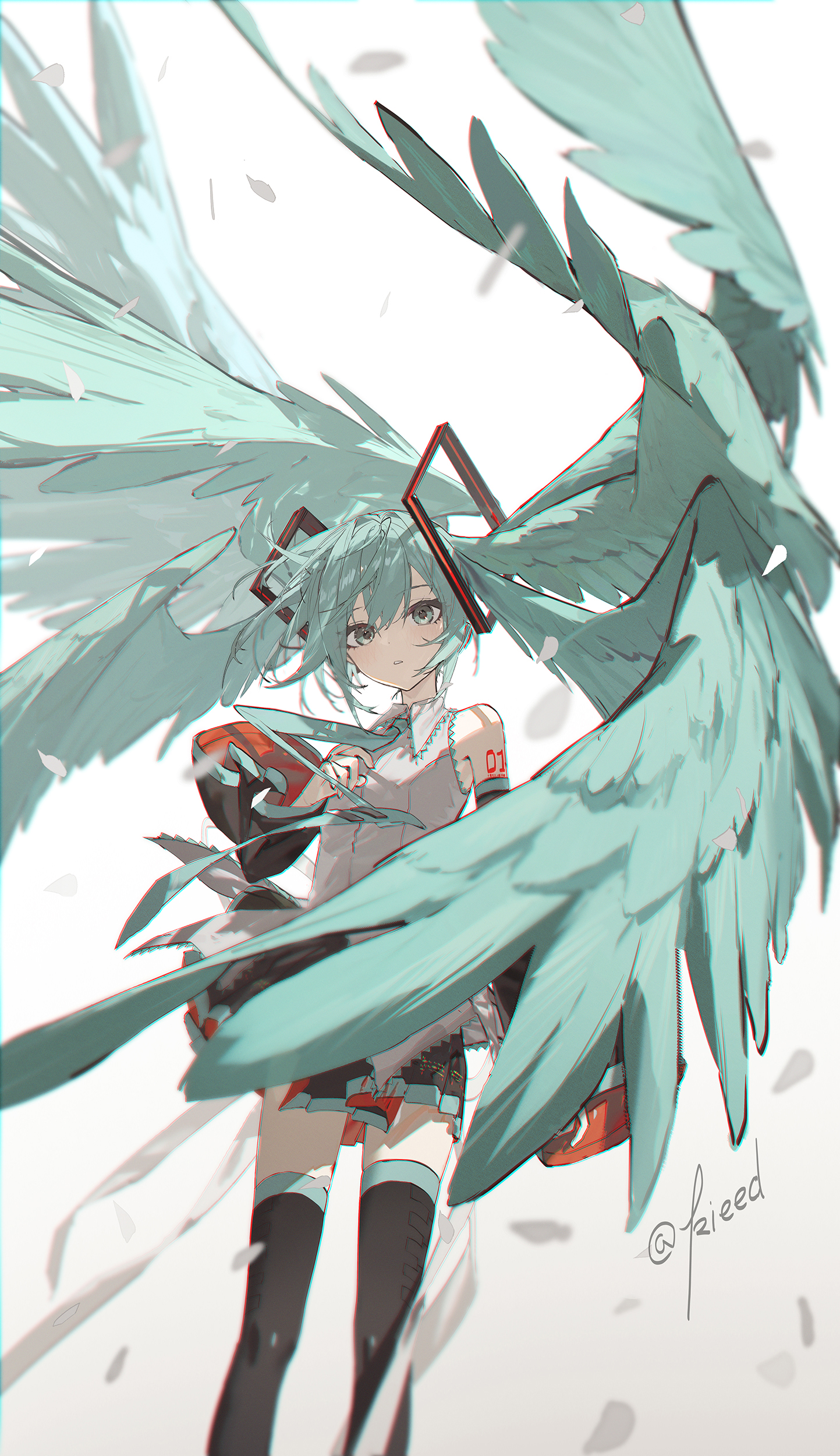 kieed, hatsune miku, vocaloid, absurdres, highres, 1girl, absurdly long hair, aqua eyes, aqua hair, aqua necktie, bare shoulders, black skirt, black sleeves, black thighhighs, detached sleeves, feathered wings, feet out of frame, hair between eyes, head wings, long hair, looking at viewer, necktie, number tattoo, shirt, shoulder tattoo, sidelocks, skirt, solo, tattoo, thighhighs, twintails, very long hair, white shirt, wings