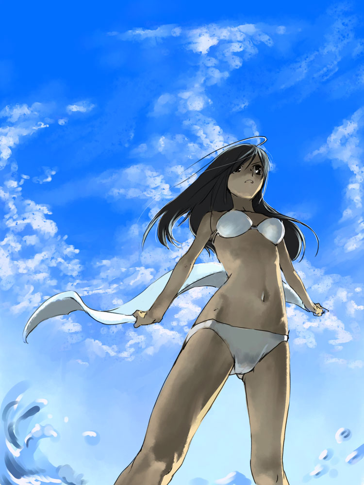 tomusooya, original, 1girl, bikini, black hair, cloud, day, female focus, from below, sky, solo, swimsuit, water, white bikini