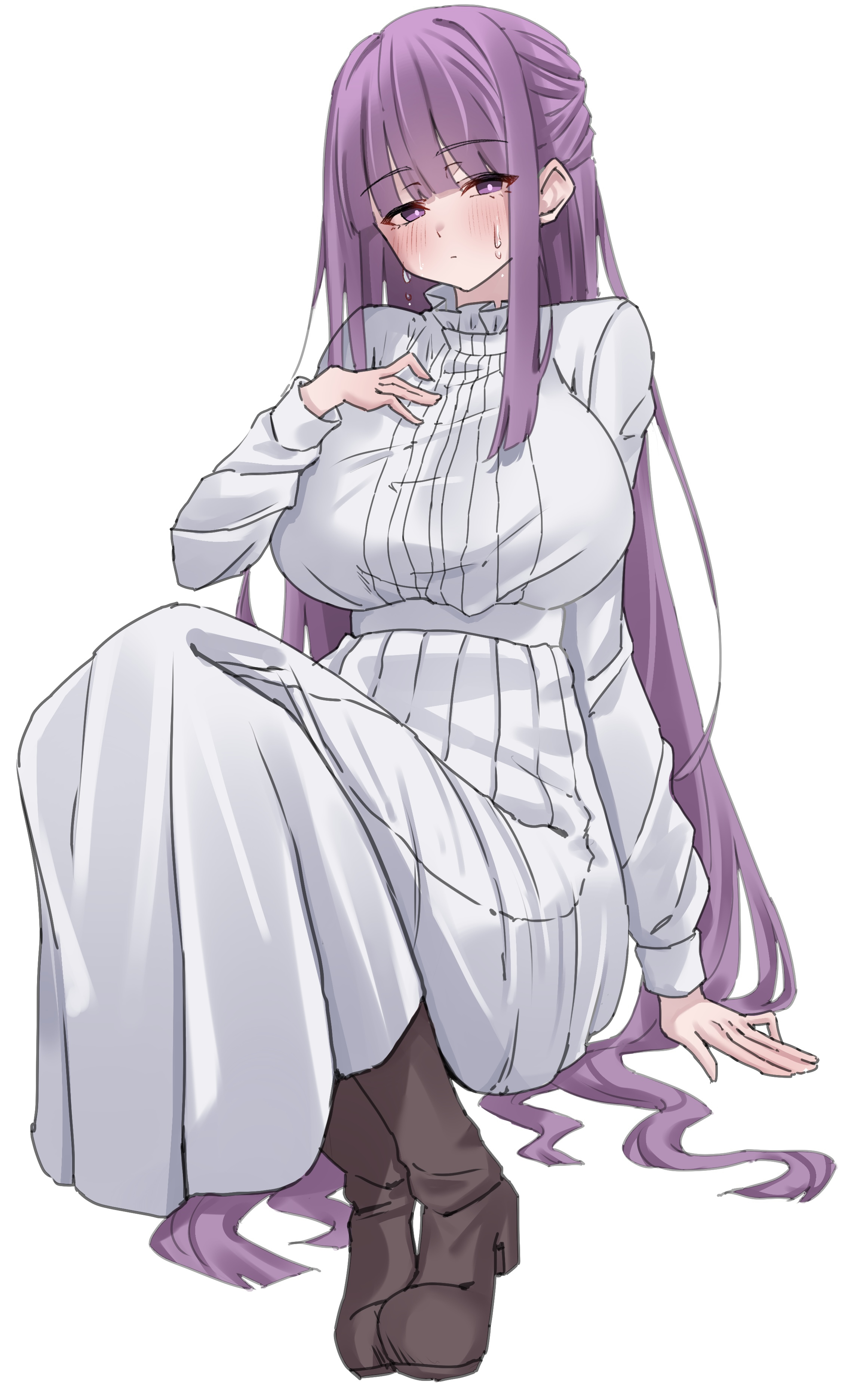 uyufuzi s, fern (sousou no frieren), sousou no frieren, absurdres, highres, 1girl, blunt bangs, blush, boots, breasts, brown boots, dress, half updo, hand on own chest, high heel boots, high heels, large breasts, long hair, looking at viewer, purple eyes, purple hair, sidelocks, solo, sweatdrop, white dress