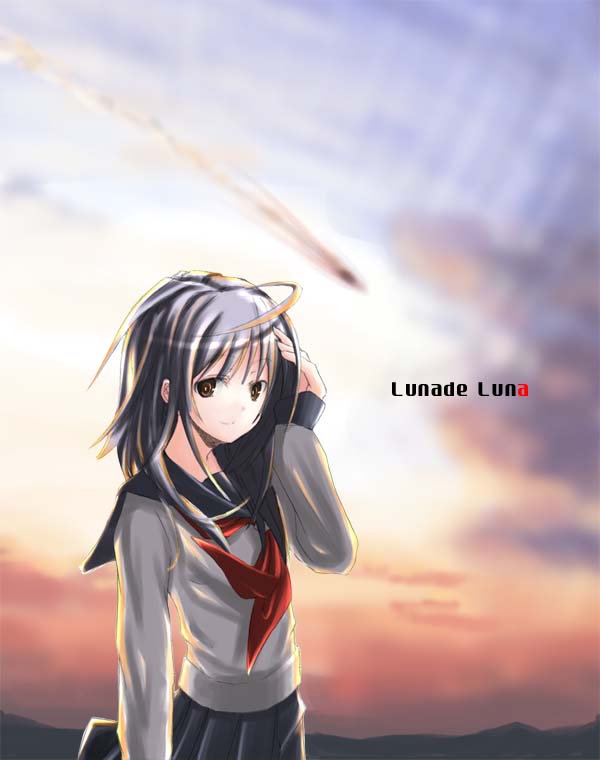 nabeshima tetsuhiro, original, 1girl, ahoge, black hair, black skirt, cowboy shot, female focus, long sleeves, looking at viewer, neckerchief, sailor collar, school uniform, serafuku, short hair, skirt, sky, solo