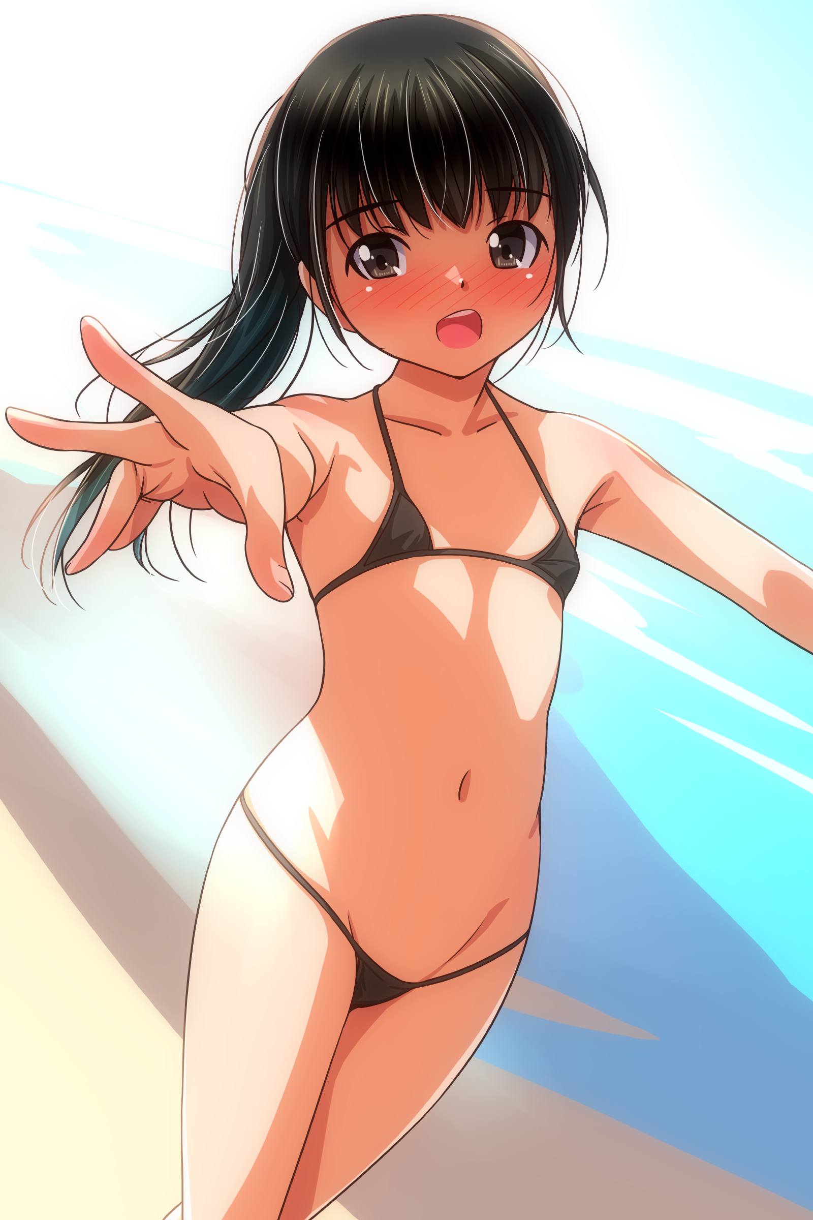 matsunaga kouyou, original, absurdres, commentary request, highres, 1girl, bare shoulders, bikini, black bikini, black hair, blush, breasts, long hair, looking at viewer, navel, nose blush, open mouth, ponytail, small breasts, solo, swimsuit