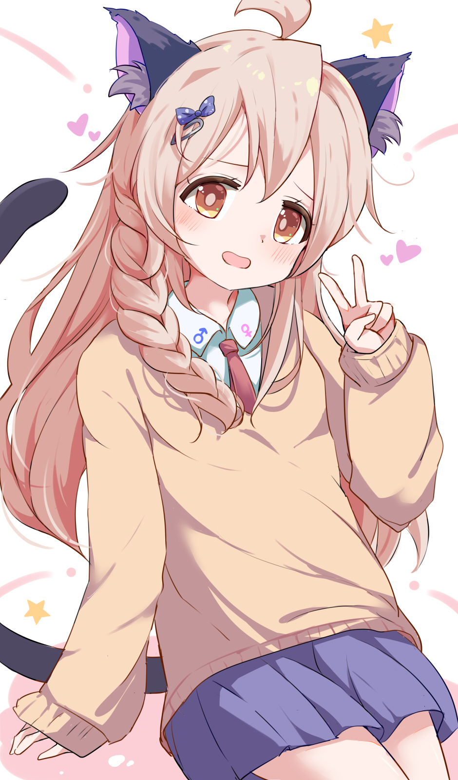 kazura, oyama mahiro, onii-chan wa oshimai!, highres, 1girl, ahoge, animal ear fluff, animal ears, braid, brown eyes, cat ears, cat tail, hair ornament, heart, long hair, long sleeves, necktie, open mouth, shirt, skirt, solo, tail, v