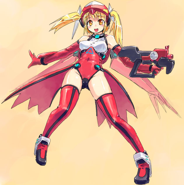 homura subaru, rihito, latias, nintendo, pokemon, 00s, 1girl, armpits, blonde hair, boots, cosplay, costume, elbow gloves, female focus, gen 3 pokemon, gloves, gun, hat, latias (cosplay), legendary pokemon, leotard, orange eyes, personification, red leotard, sleeveless, solo, thigh boots, thighhighs, twintails, weapon
