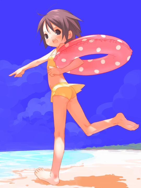 original, beach, bikini, brown hair, day, innertube, short hair, solo, swim ring, swimsuit