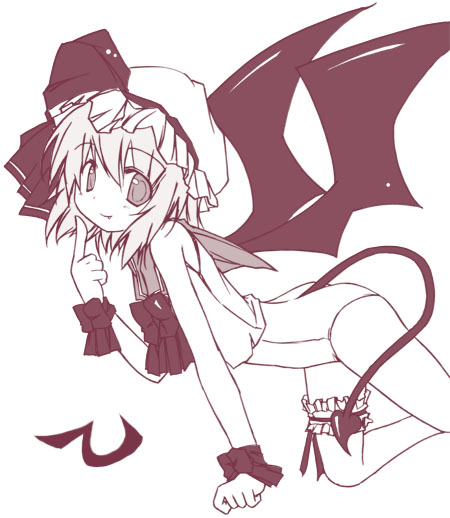 yumesato makura, remilia scarlet, touhou, 1girl, alternate costume, bat wings, bow, female focus, frilled thigh strap, monochrome, no pants, one-piece swimsuit, pink theme, ribbon, school swimsuit, school uniform, serafuku, solo, swimsuit, swimsuit under clothes, tail, thigh strap, wings