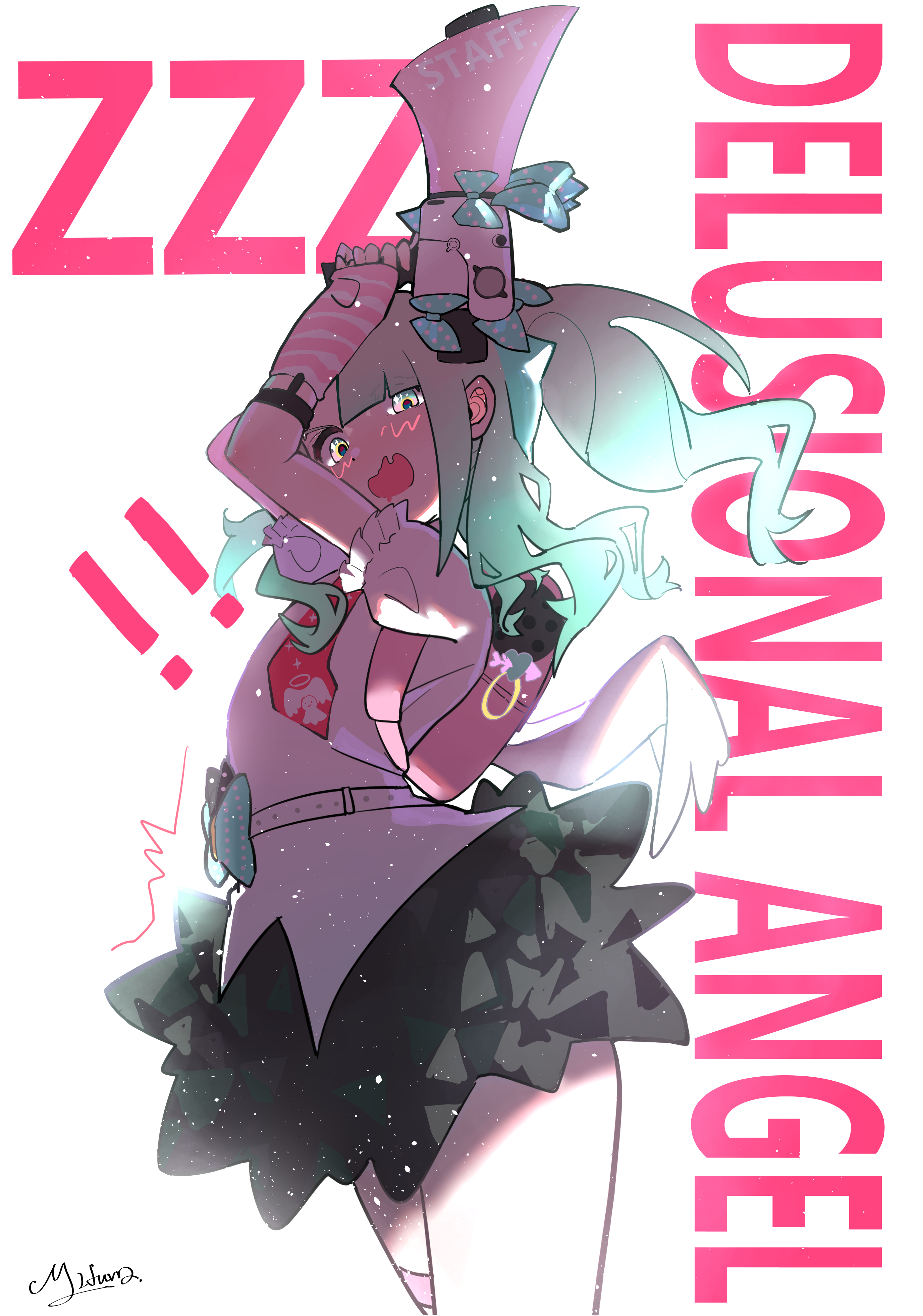 chinatsu remiel, zenless zone zero, absurdres, highres, 1girl, backpack, bag, blush, green eyes, green hair, hair ornament, hairclip, heisei retro, jewelry, long hair, looking at viewer, megaphone, necktie, open mouth, red necktie, shirt, short sleeves, solo, user fere2824, white shirt, y2k fashion