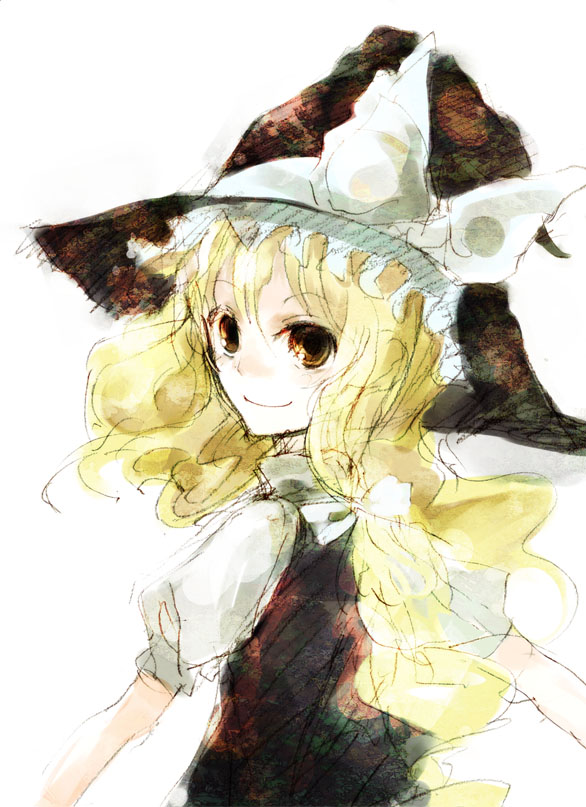 nokishita, kirisame marisa, touhou, eyebrows, 1girl, back, black hat, black skirt, black vest, blonde hair, bow, closed mouth, female focus, from behind, hair between eyes, hair bow, hat, hat bow, hat ribbon, long hair, looking at viewer, looking back, ribbon, shirt, short sleeves, simple background, sketch, skirt, smile, solo, vest, white background, white bow, white ribbon, white shirt, witch hat