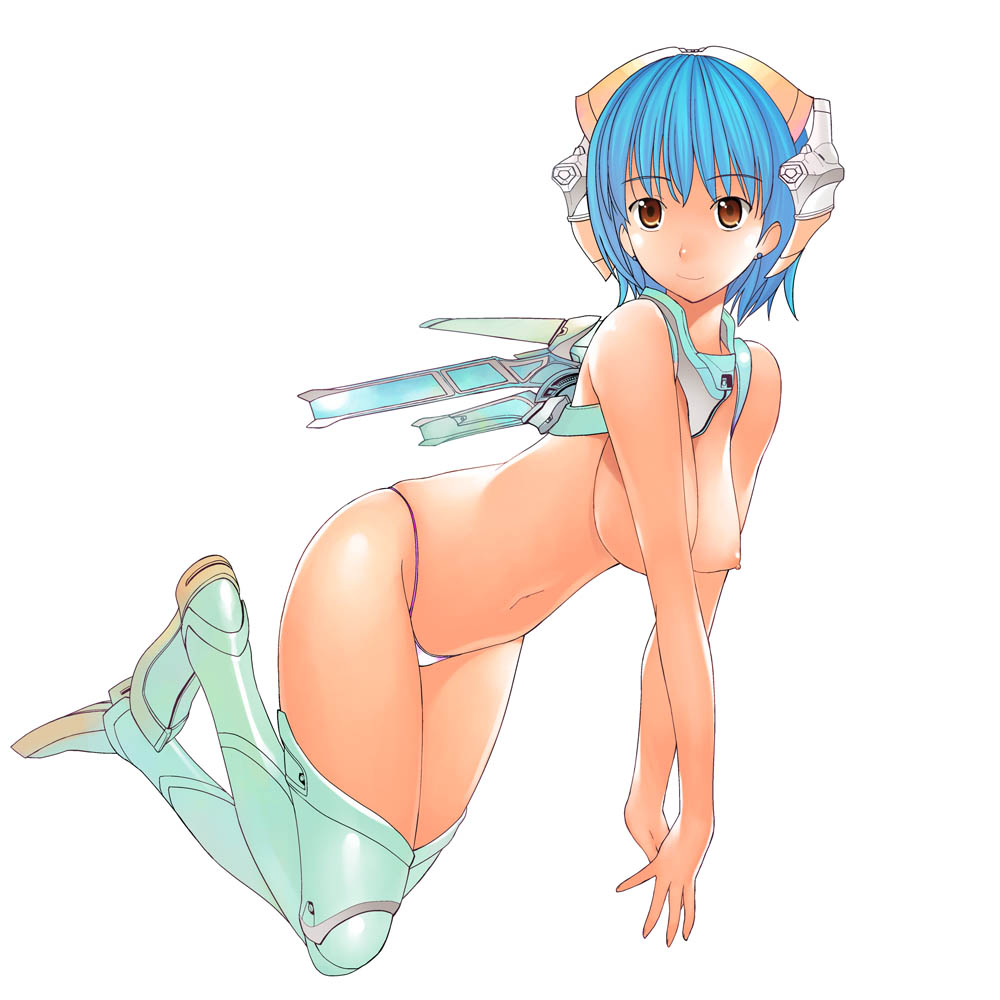 a1 (initial-g), 1girl, blue hair, breasts, brown eyes, female focus, lowleg, lowleg panties, mecha musume, nipples, panties, robot ears, solo, thighhighs, topless female, underwear