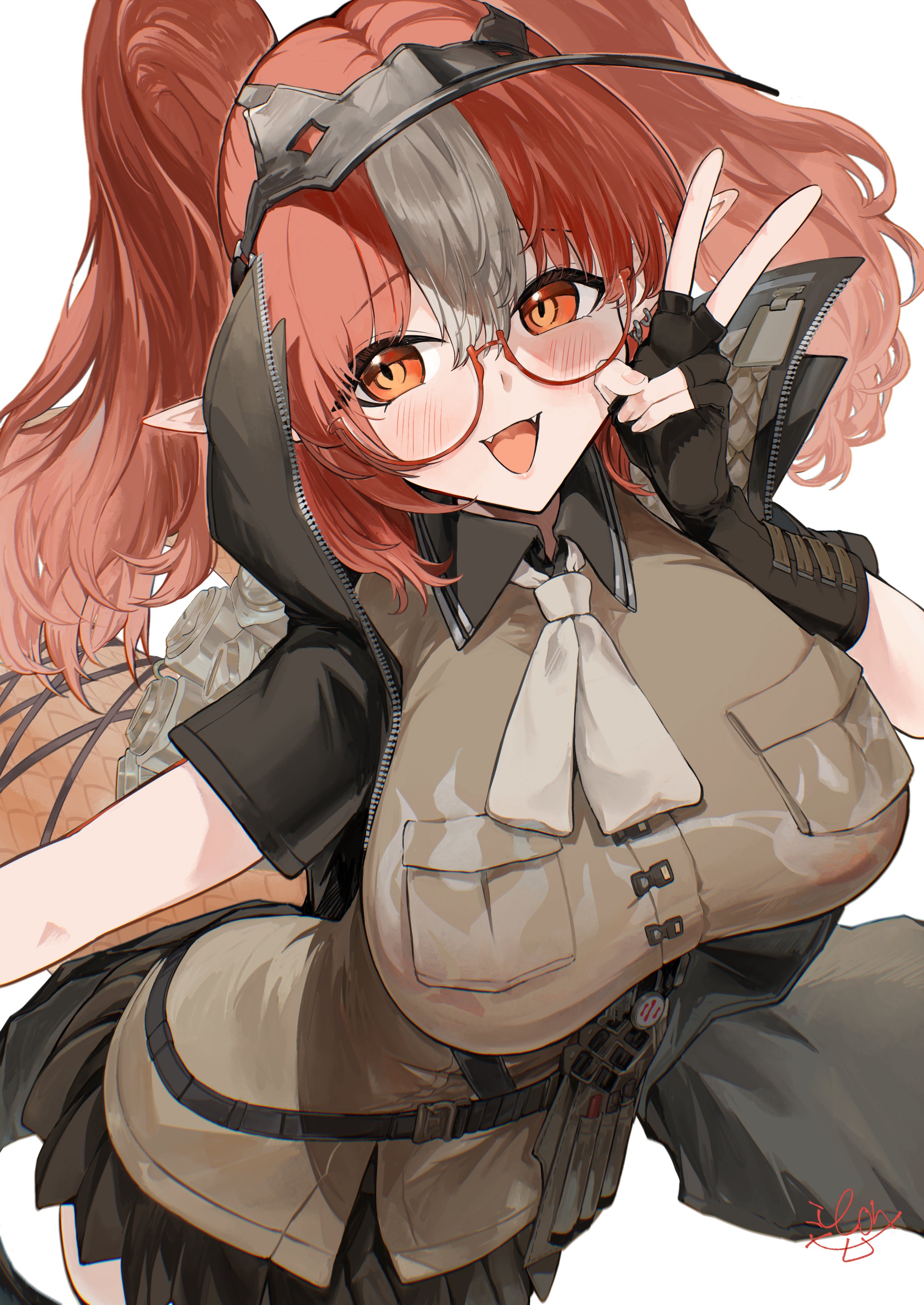 kajuu, wulfenite (arknights), arknights, absurdres, commentary request, highres, 1girl, :d, black gloves, black jacket, black skirt, blush, breast pocket, breasts, brown necktie, brown shirt, fangs, fingerless gloves, glasses, gloves, hand up, jacket, large breasts, long hair, looking at viewer, miniskirt, necktie, open clothes, open jacket, open mouth, orange-framed eyewear, orange eyes, orange hair, pleated skirt, pocket, pointy ears, round eyewear, semi-rimless eyewear, shirt, signature, simple background, skirt, smile, snake girl, snake tail, solo, tail, twintails, under-rim eyewear, visor cap, white background