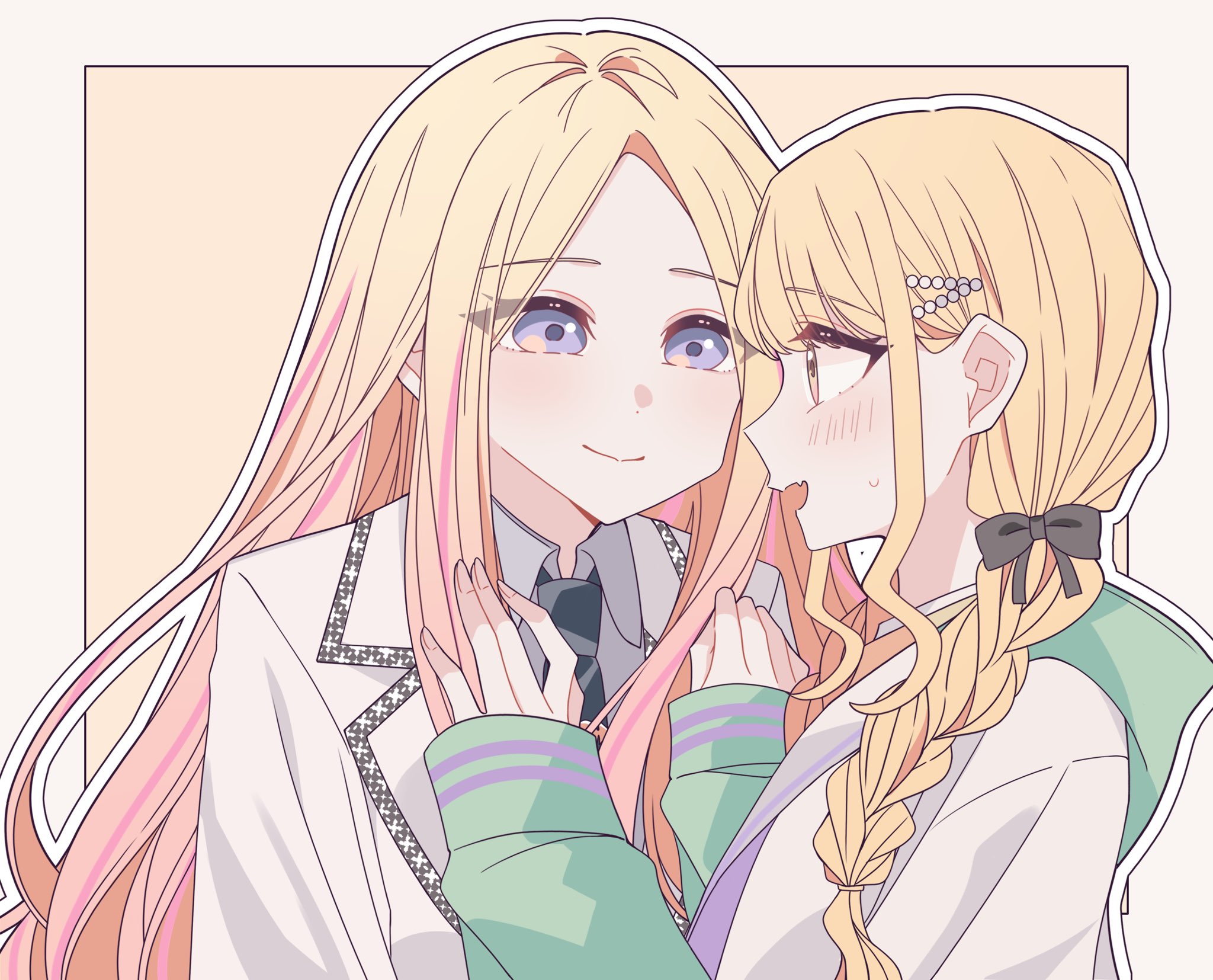 kousaka 0v0, fujita kotone, juo sena, gakuen idolmaster, idolmaster, commentary, highres, 2girls, black bow, black necktie, blonde hair, blush, border, bow, braid, collared shirt, fang, grey shirt, hair bow, hand on another's shoulder, hood, hoodie, jacket, long sleeves, multiple girls, necktie, open mouth, orange eyes, outline, outside border, pink streaks, purple eyes, shirt, simple background, skin fang, smile, sweat, twin braids, upper body, white border, white hoodie, white jacket, white outline, yellow background, yuri
