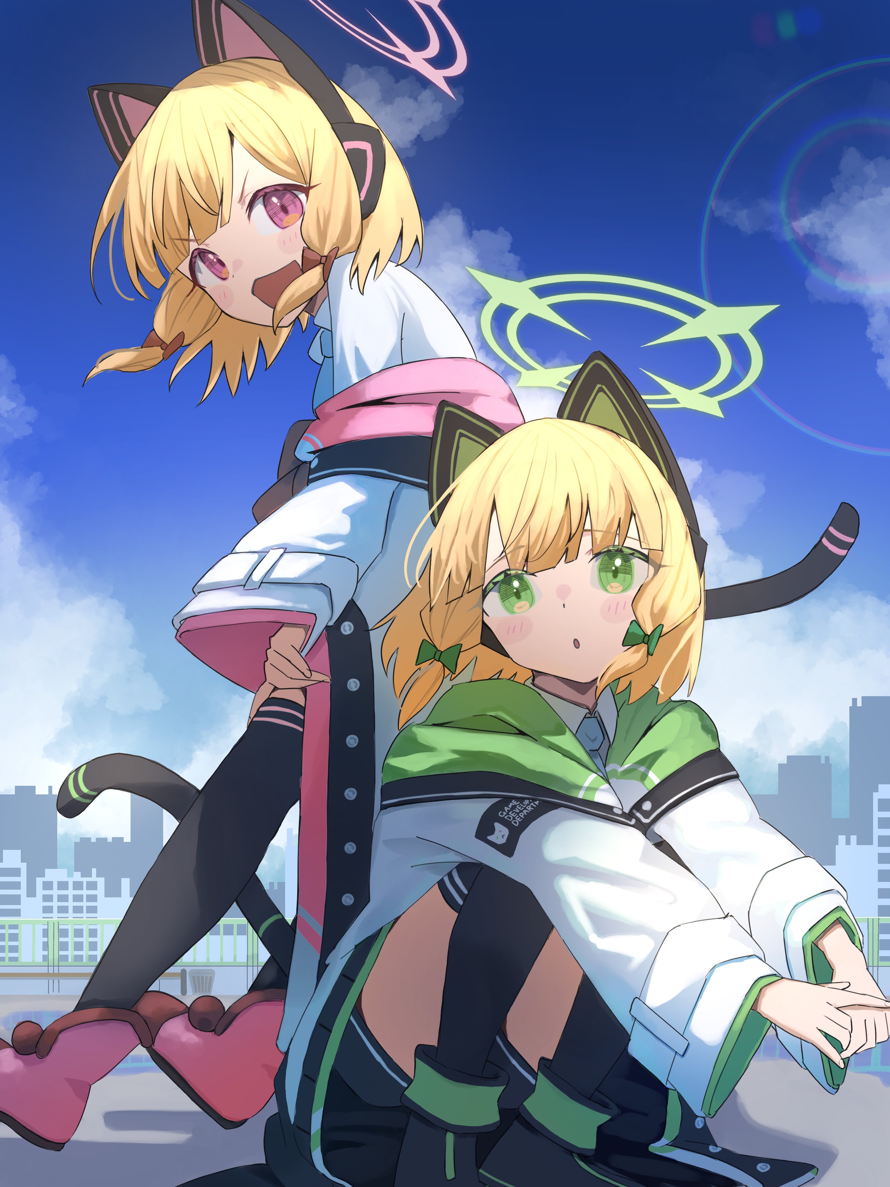 hiyayakko (jfky2528), midori (blue archive), momoi (blue archive), blue archive, absurdres, hashtag-only commentary, highres, 2girls, animal ear headphones, animal ears, black thighhighs, blonde hair, blue necktie, blush, bow, cat ear headphones, cat tail, collared shirt, fake animal ears, green eyes, green halo, hair bow, halo, headphones, jacket, long sleeves, looking at viewer, multiple girls, necktie, open mouth, outdoors, parted lips, red bow, shirt, short hair, siblings, sisters, sky, smile, tail, thighhighs, twins, white jacket, white shirt